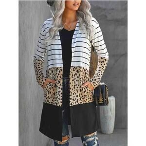 Wild Feathers Striped Animal Print Long Sleeve Lightweight Open Blouse Size XL